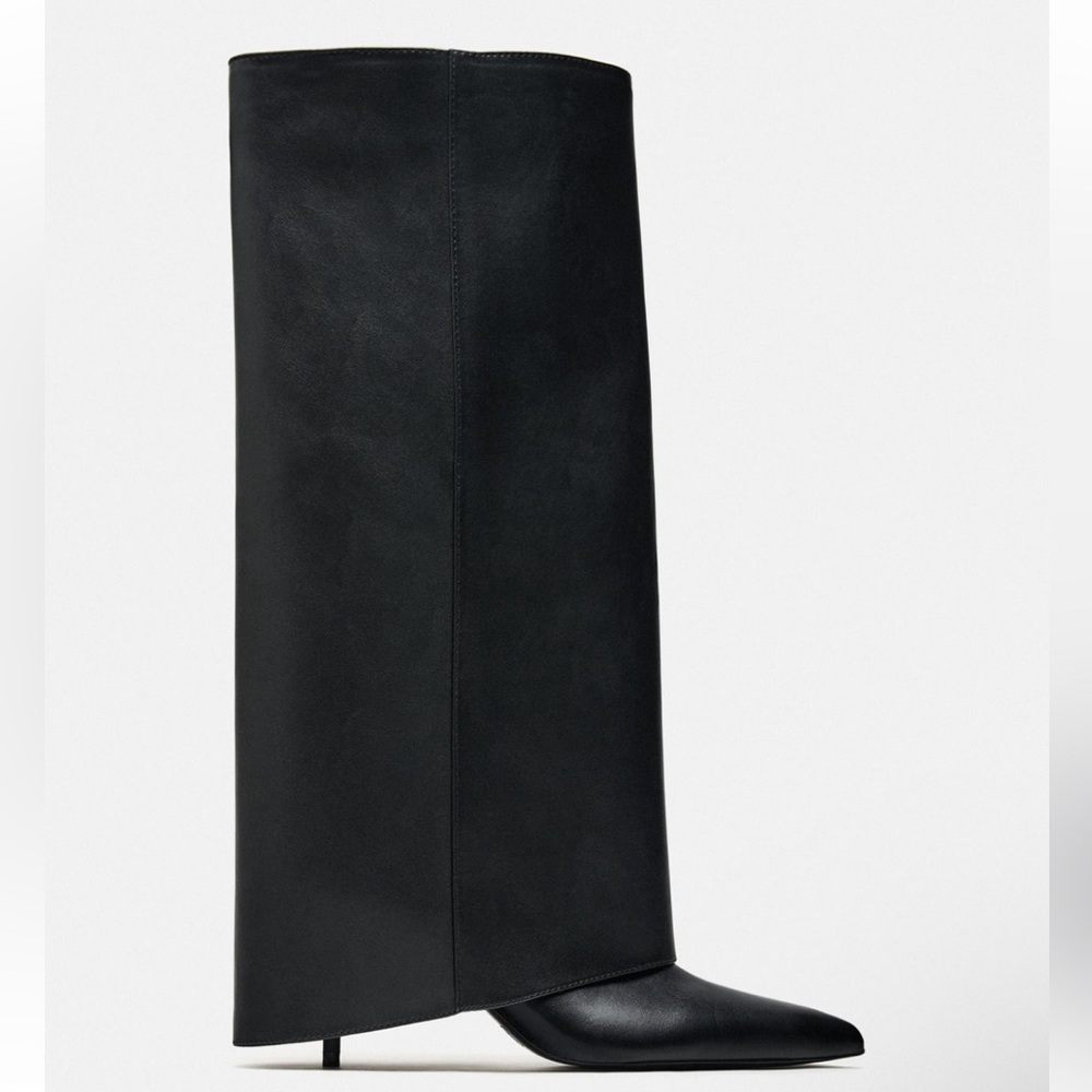 Zara Black Knee-High Pointed-Toe Heeled Boots